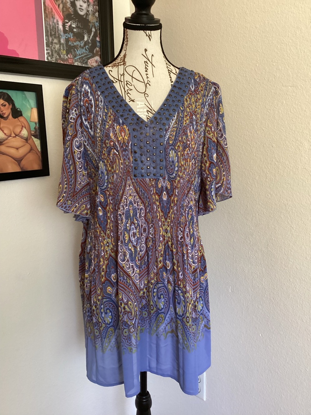 Catherines Blue Paisley Tunic with Studded V-Neck 1X (18-20W)
